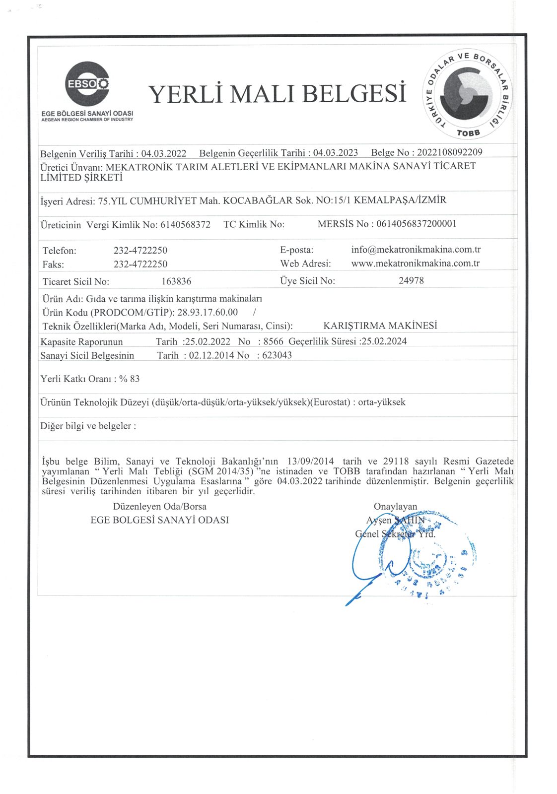 Karıştırma Makinası belgesinin taraması