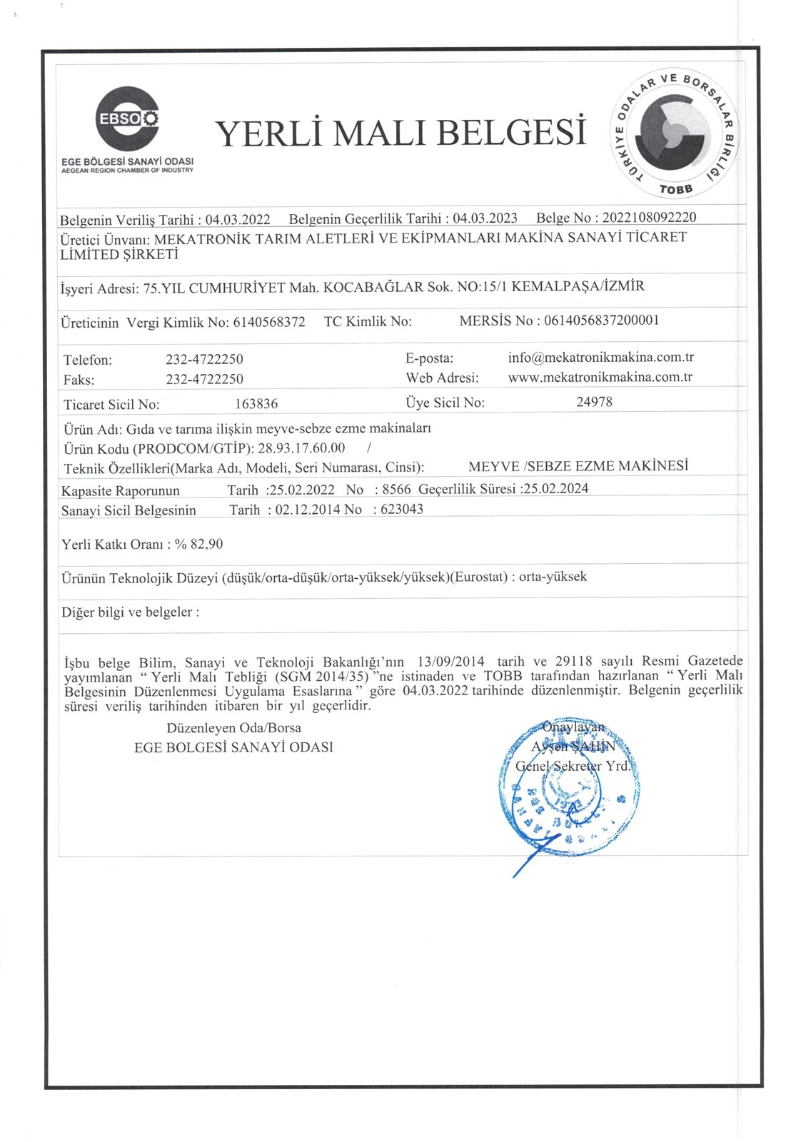 Meyve Sebze Ezme Makinası belgesinin taraması