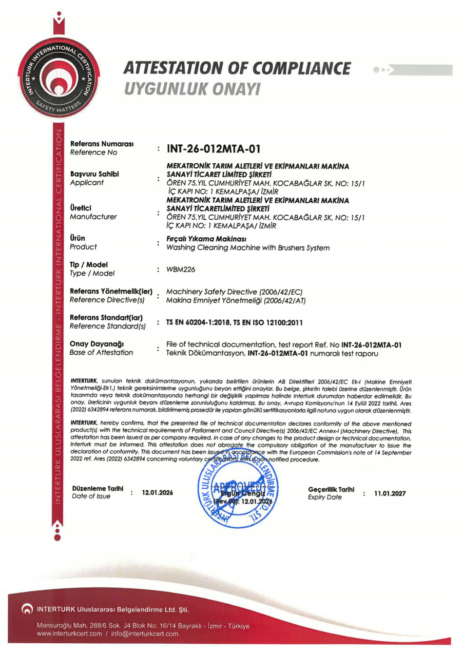 Fırçalı Yıkama Makinası belgesinin taraması
