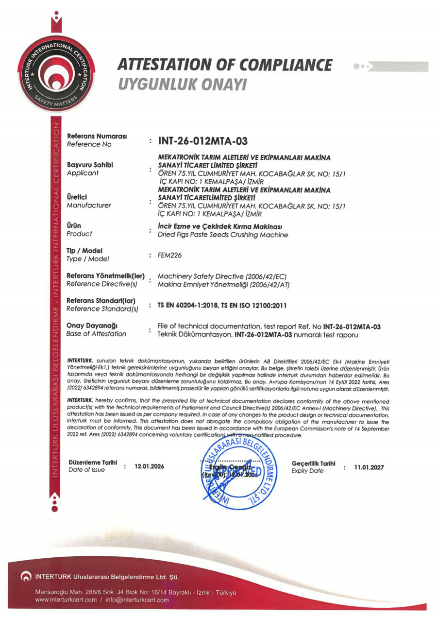 İncir Ezme ve Çekirdek Kırma Makinası belgesinin taraması